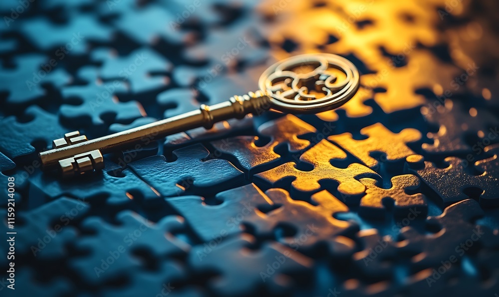 Poster a golden key rests on a puzzle, symbolizing discovery and problem-solving.