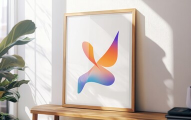 Blank white poster framed in natural wood, set against an image of a conceptual logo design for a tech startup, featuring sleek lines, gradient color schemes, and futuristic elements 