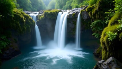 Obraz premium Serene Waterfall Cascading Mossy Rocks Lush Green Forest Background