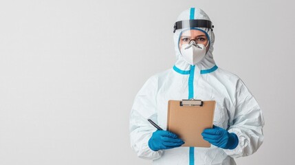 Healthcare Worker in Protective Gear with Clipboard