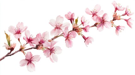 Obraz premium Fine details of a blossoming cherry tree branch with pink sakura flowers, isolated white background, traditional watercolor art style