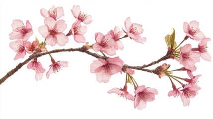 Fine details of a blossoming cherry tree branch with pink sakura flowers, isolated white background, traditional watercolor art style