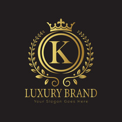 Letter K Luxury brand logo design with a royal gold crown emblem and elegant typography
