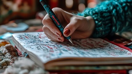 23. A writer&acirc;&euro;&trade;s hand with a pen actively jotting notes on a paper-filled notebook