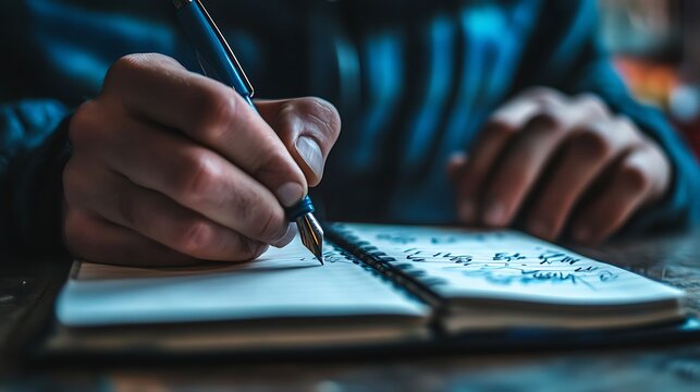 23. A writerâ€™s hand with a pen actively jotting notes on a paper-filled notebook