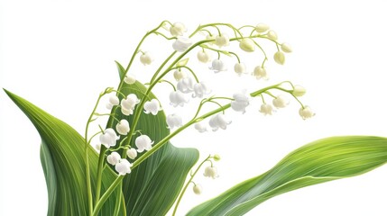 Obraz premium Fine details of a blossoming lily of the valley with its delicate white bells and green leaves, isolated white background, digital botanical illustration style