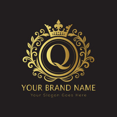 Letter Q Luxury brand logo design with a royal gold crown emblem and elegant typography
