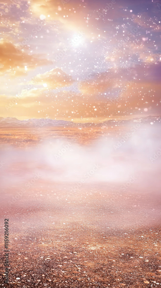 Poster serene landscape featuring gradient sky with soft clouds and sparkling light. ground is misty, creat