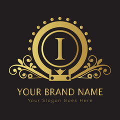 Letter I Luxury brand logo design with a royal gold crown emblem and elegant typography
