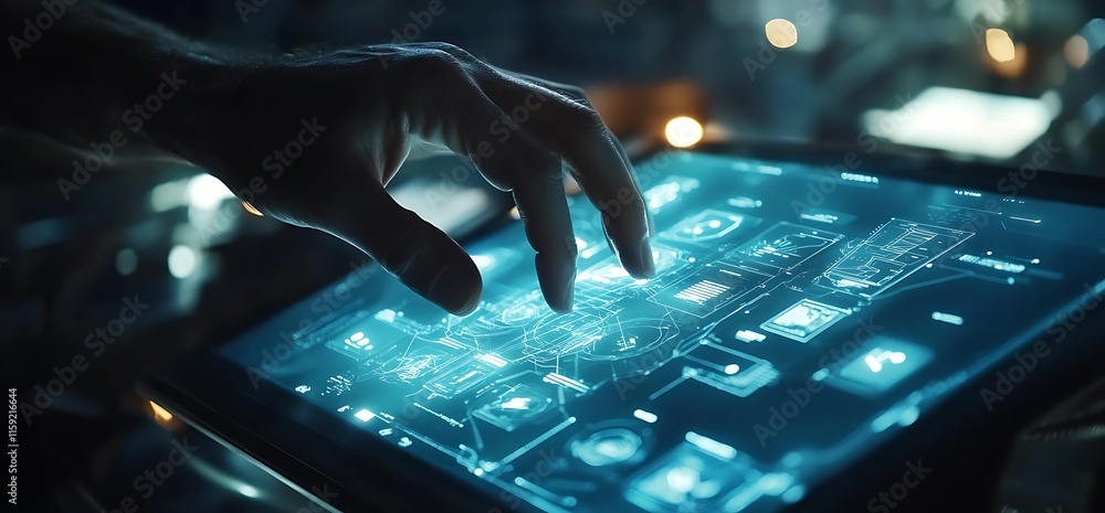 Aufkleber a hand interacts with a futuristic touchscreen displaying digital schematics.