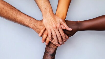 Fototapeta premium 6. Hands of diverse individuals joined together in unity on a clean white surface