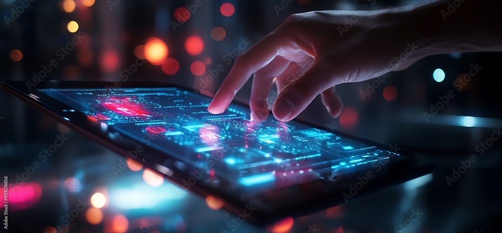 Poster a hand interacts with a futuristic touchscreen displaying digital data.