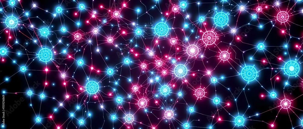 Poster mesmerizing bioluminescent data visualization - neon glow nodes