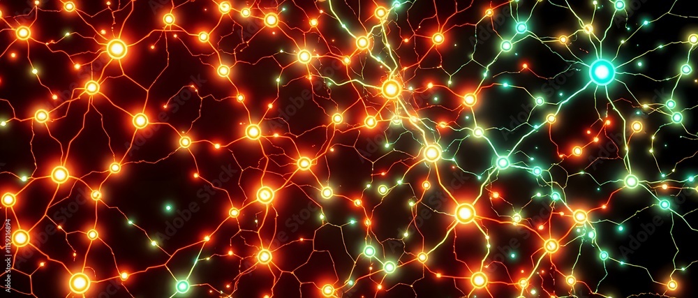 Poster neon bioluminescent neural network art nouveau circuit board pattern