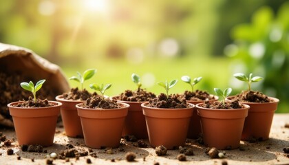 Small potted plants growing in soil under natural light