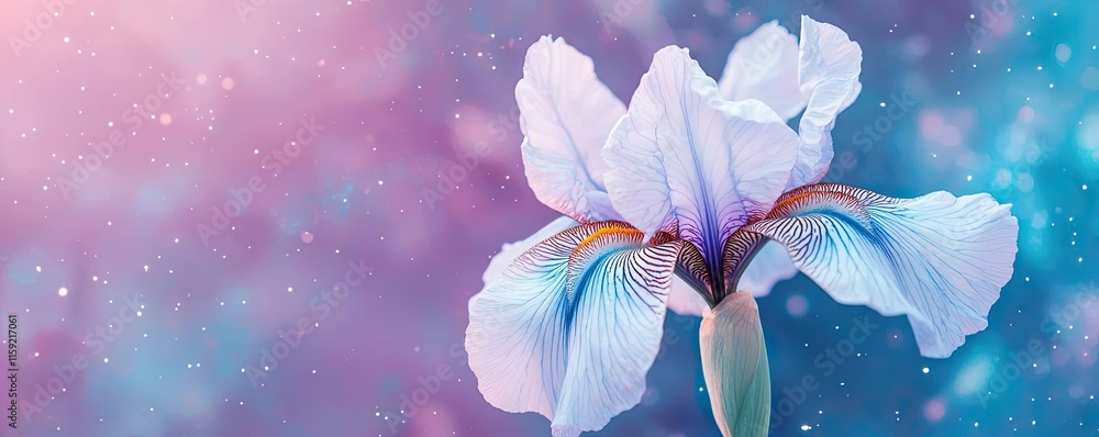 Poster Iris floral abstract background concept. Beautiful iris flower blooming against a colorful abstract background with sparkles.