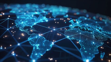 Obraz premium Futuristic Hologram World Map Highlighting Global Network Connections and Data Flow