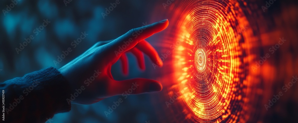 Poster a hand reaching towards a glowing, circular interface with vibrant patterns.
