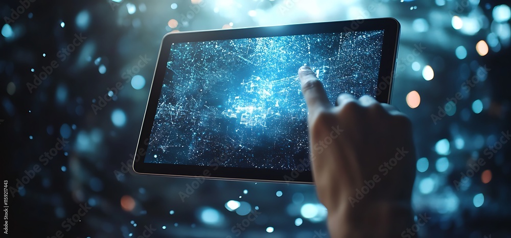 Aufkleber a hand interacts with a glowing tablet displaying a digital network.