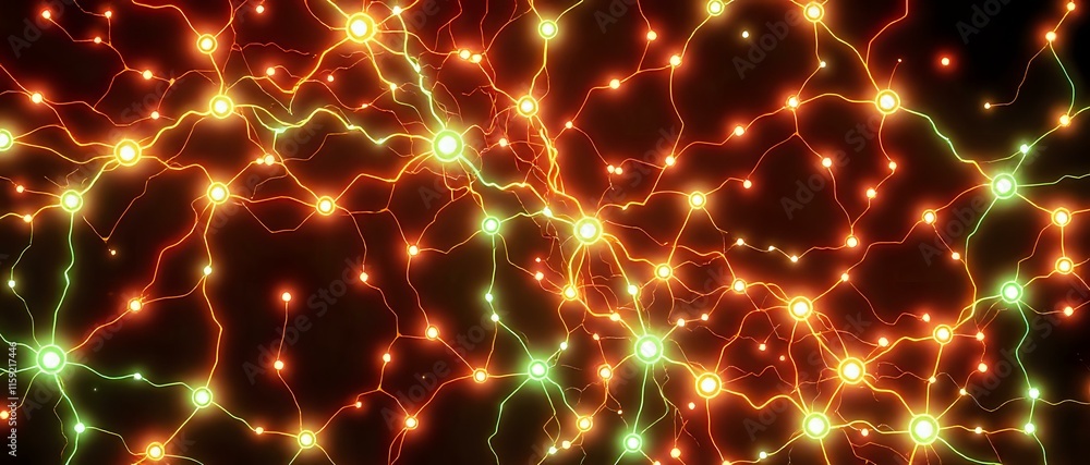 Poster interconnected cybernetic circuit board web pattern in neon red & green