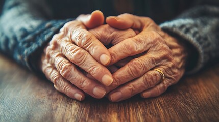 Fototapeta premium 2. Elderly hands and youthful hands clasped together on a wooden table with natural light