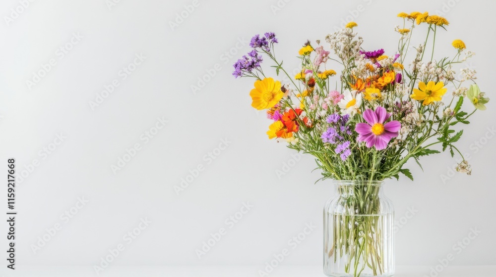 Poster Minimalist still life of wildflowers in a clear glass vase with ample copy space for text or design elements. Generative AI