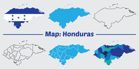 Fototapeta premium Honduras map set. internal provinces borders marked, Simple map of Honduras vector drawing, Filled and outline.