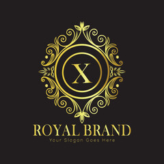 Letter X Luxury brand logo design with a royal gold crown emblem and elegant typography
