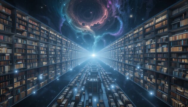 vast surreal library floating space.