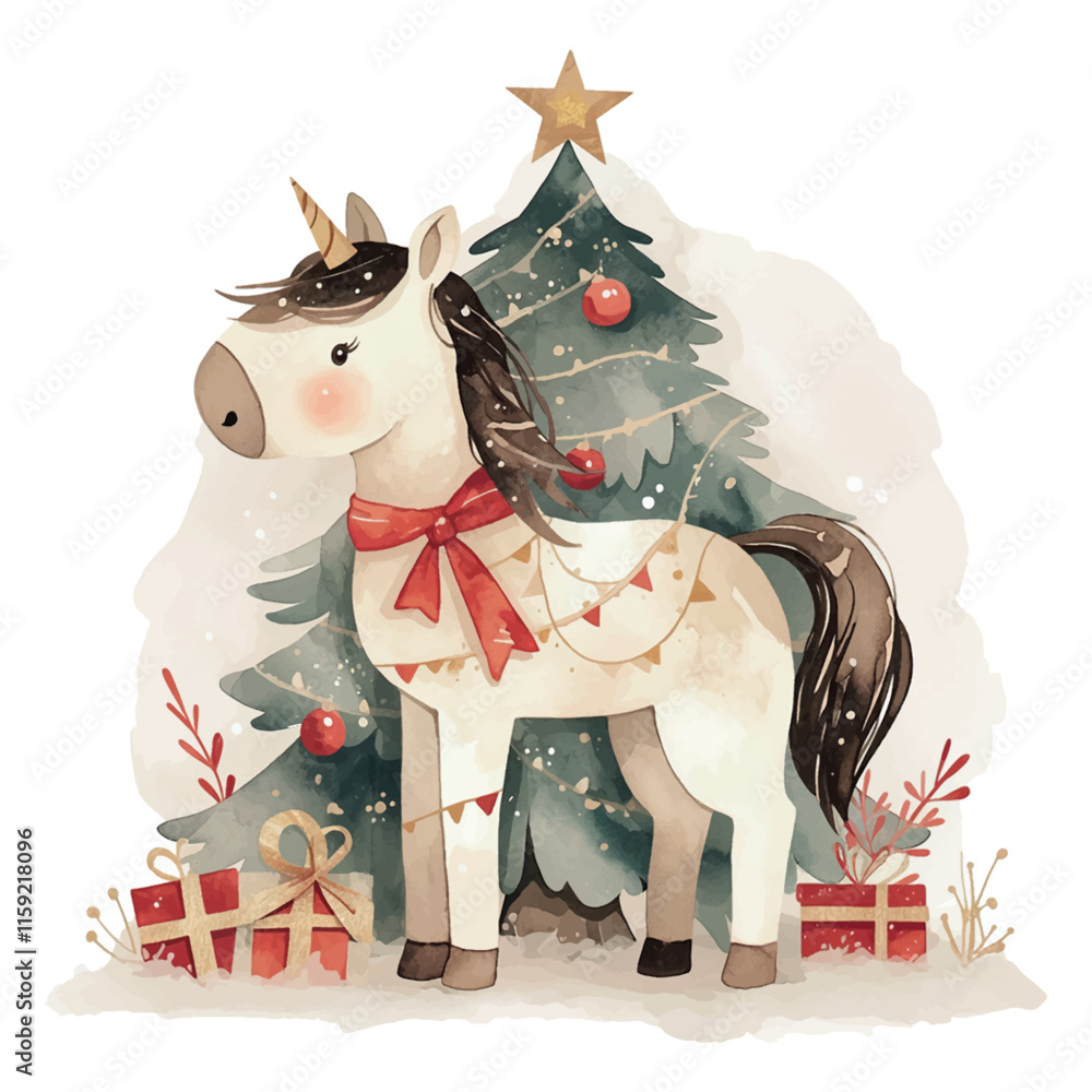 Poster a white unicorn stands in front of a christmas tree. the tree is decorated with lights and ornaments