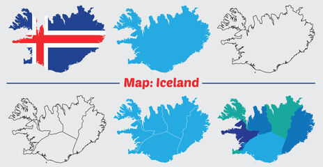Iceland country map set. internal provinces borders marked, Simple map of Iceland vector drawing, Filled and outline. © BestBuyPoints