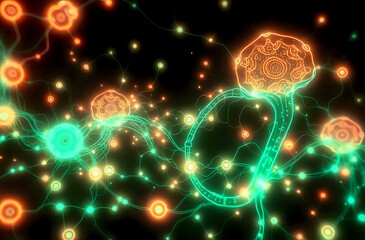 Neon Bioluminescent Art Nouveau: Interconnected Cybernetic Nodes on Black Background