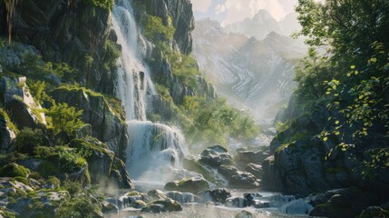 A breathtaking waterfall in nature, with water flowing over rugged cliffs into a peaceful stream,