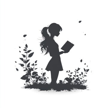 recommend clip art: Silhouette of girl reading book amidst plants.