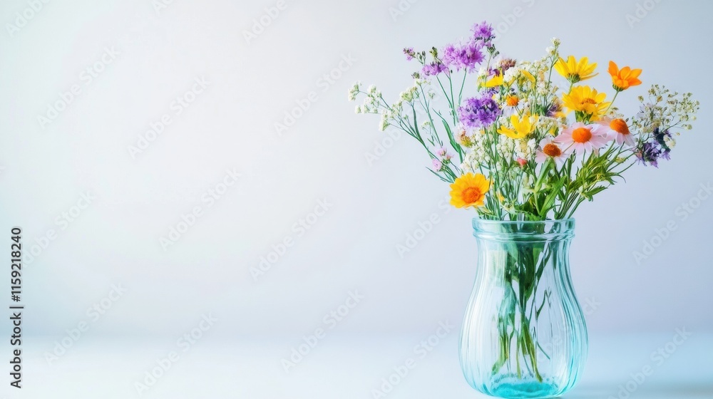 Aufkleber Wildflowers arranged in a clear glass vase with a minimalist aesthetic and ample space for text or design. Generative AI