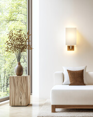 Modern living room interior with cozy couch and decorative elements in natural light