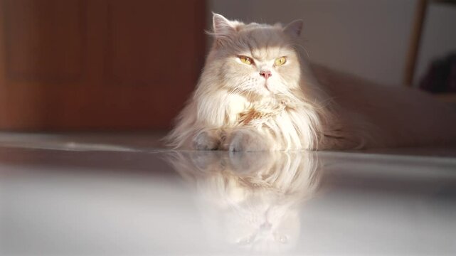 British longhair cat lying on the ceramic floor basking in the evening sunlight