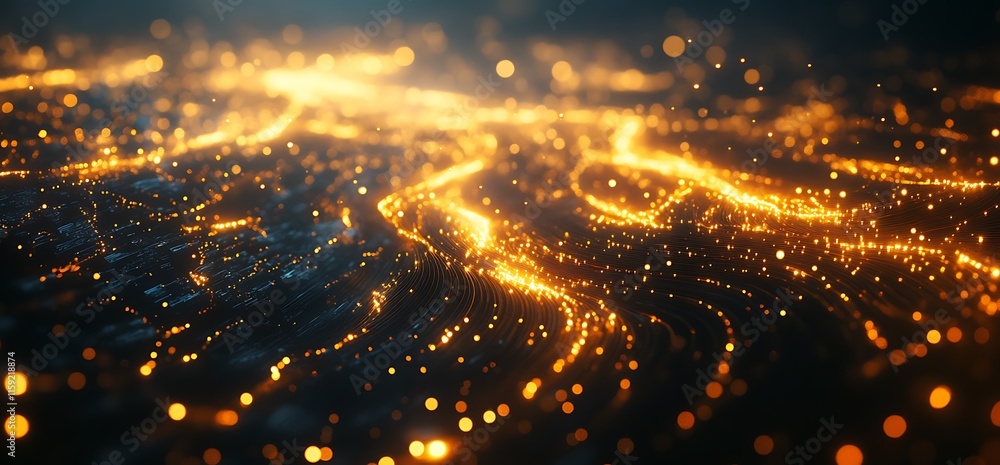 Poster a mesmerizing abstract landscape of glowing particles and flowing lines.