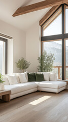 Cozy living room with large windows and mountain view in a modern cabin setting