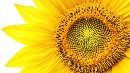 Fototapeta premium Macro shot of a vibrant yellow sunflower with its intricate spiral pattern, isolated white background, artistic minimalist style