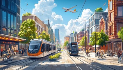 Fototapeta premium A vibrant city street with mixed architecture, electric vehicles, bicycles, and a passing airplane. Public transport variation. AI generated image