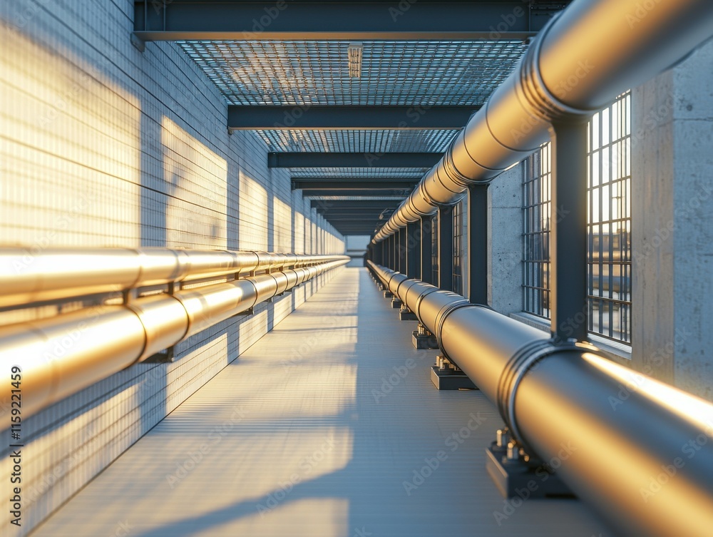 Poster modern pipeline system under structure at sunset