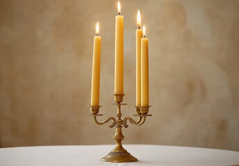 A golden candelabra with five candle sticks on it, each lit by one tall yellow wax candle, placed against an off-white tablecloth background. The candles cast a warm light and create a cozy atmosphere