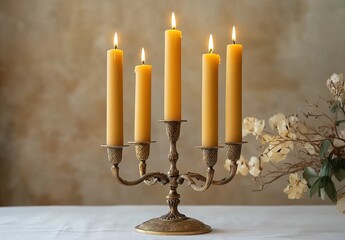 A golden candelabra with five candle sticks on it, each lit by one tall yellow wax candle, placed against an off-white tablecloth background. The candles cast a warm light and create a cozy atmosphere