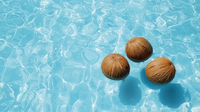 Coconut fruit boosts hydration. Three coconuts floating in a turquoise swimming pool.