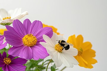Obraz premium Colorful Flowers with Bee Pollinating on White Background in Natural Light