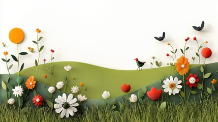 Colorful paper art landscape with flowers, birds, and rolling hills in bright colors