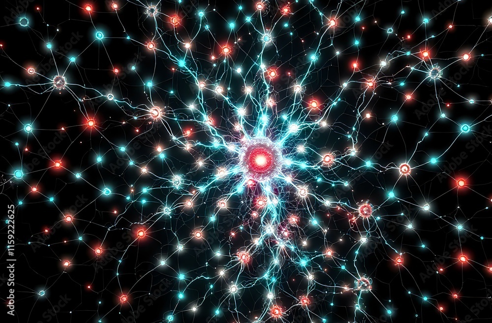 Poster dynamic neon bioluminescent nodes - art nouveau cybernetic data visualization