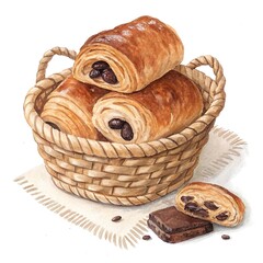 Obraz premium Pain au chocolat clipart cartoon 2d watercolor illustration, isolated on white background