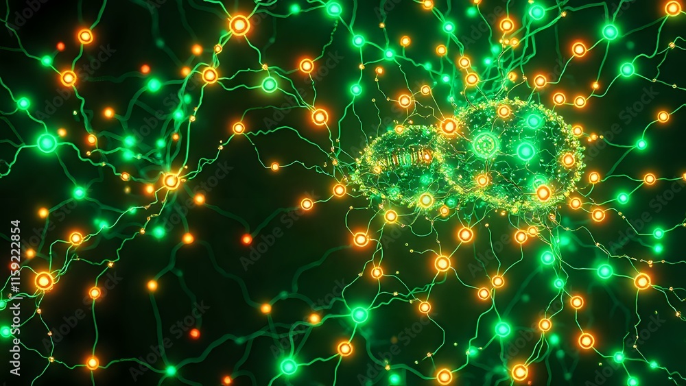 Poster cybernetic network odyssey - bioluminescent web of interconnected nodes